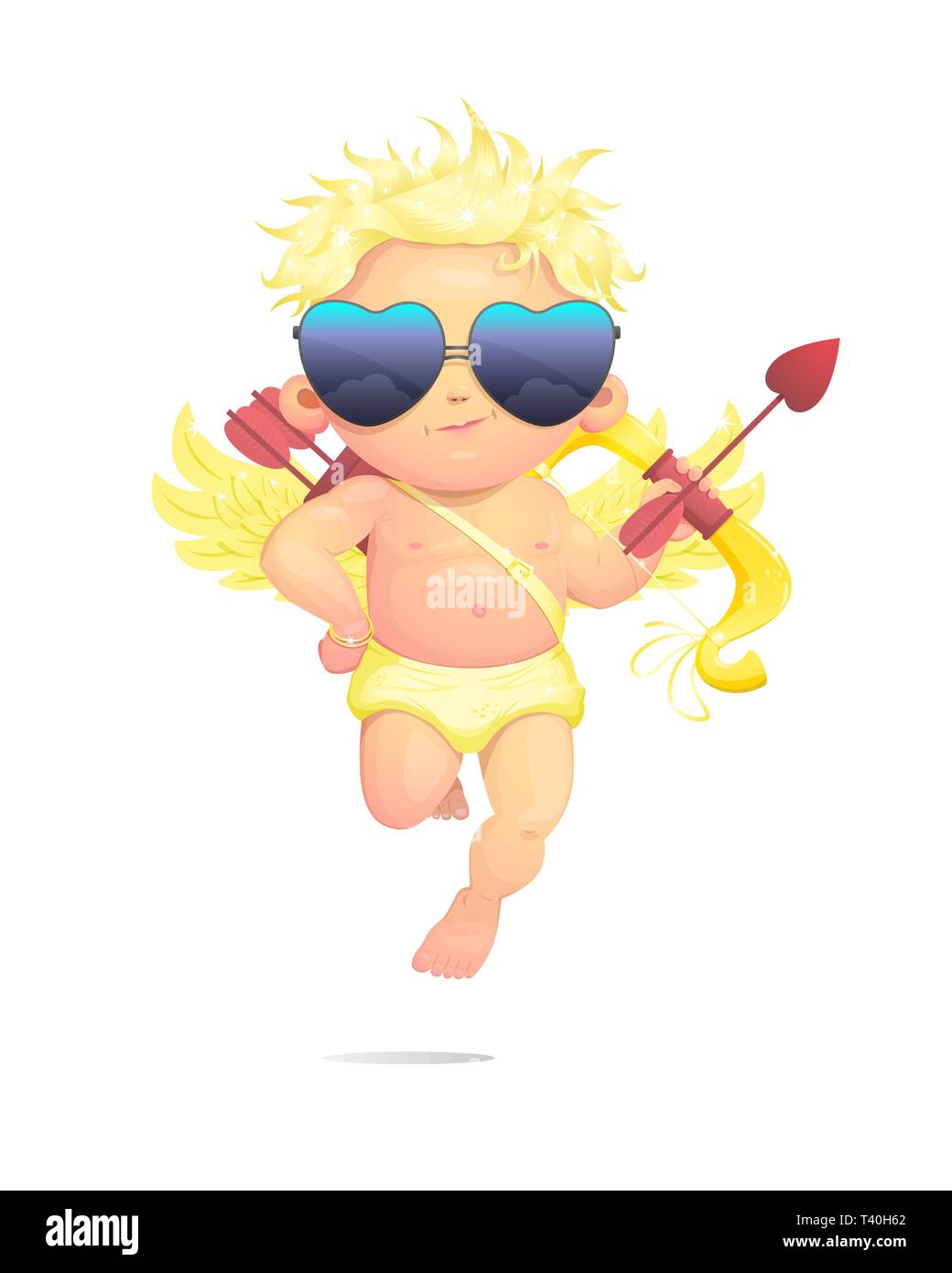 Illustration of cute cupid for valentine's day. He is smiling, holding a gold bow and wearing black sunglasses the character has gold curly hair. Stock Vector