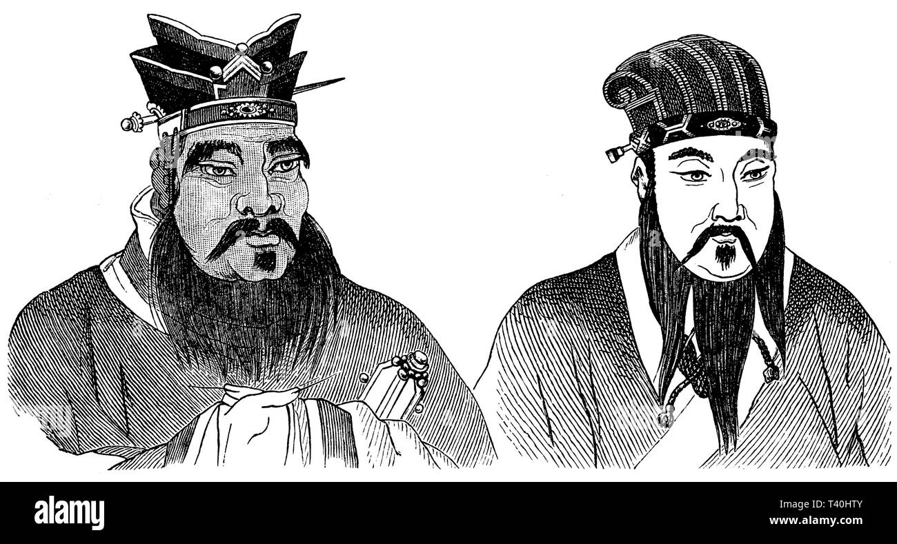 Kong-fu-tse and his student Meng-tse. Based on a Chinese original, Stock Photo
