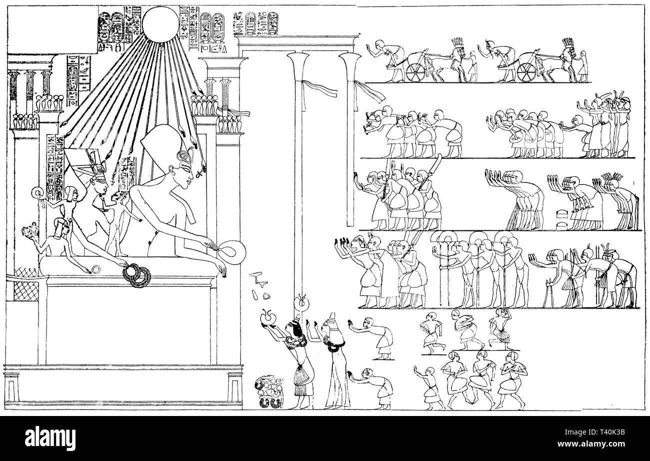 Chuenaten, surrounded by his family, lends the 'gold' from the balcony of his palace to the priest Ai and his wife. According to Lepsius', Stock Photo