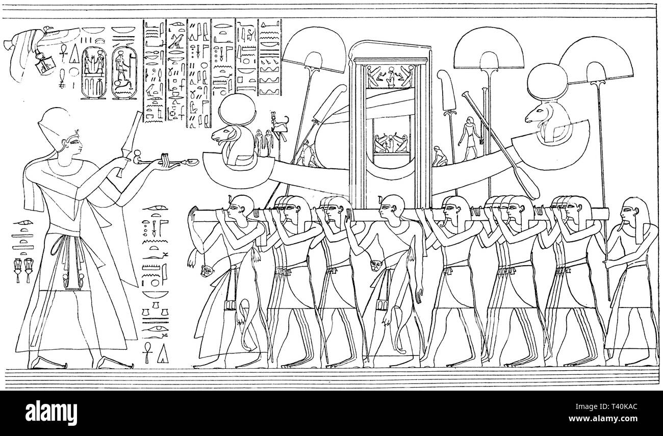 Procession of a holy barque with the shrine of Amon in the time of Ramses II. After Lepsius, Monuments, Stock Photo