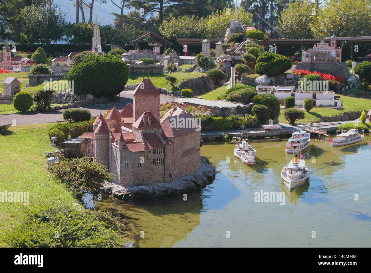 Melide, Switzerland - Sep 27, 2018: Castle on lake, park of miniatures Stock Photo