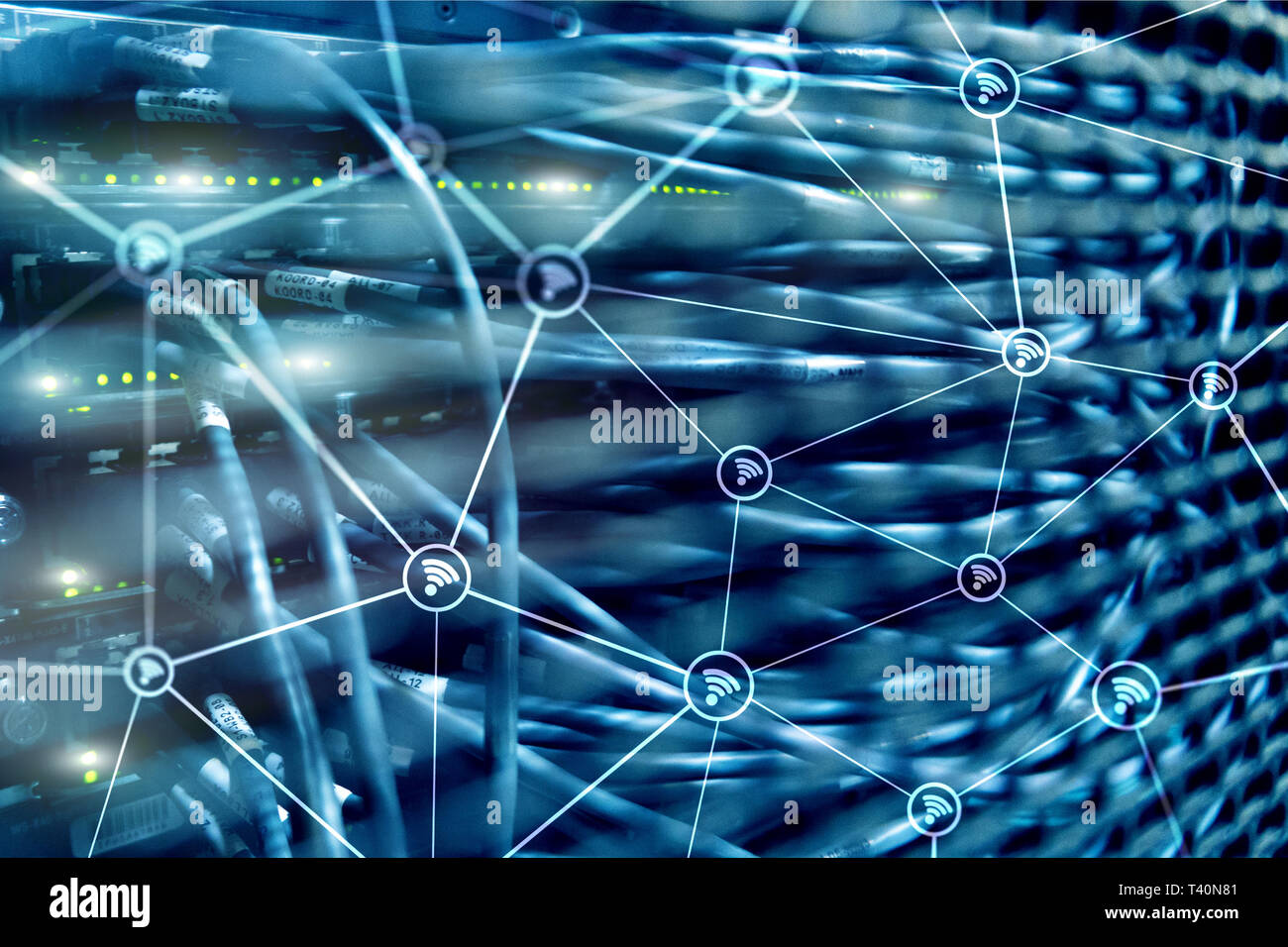 Wi fi network abstract structure on modern server room background Stock ...