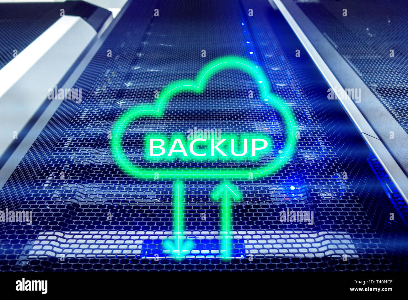 Backup button on modern server room background. Data loss prevention ...