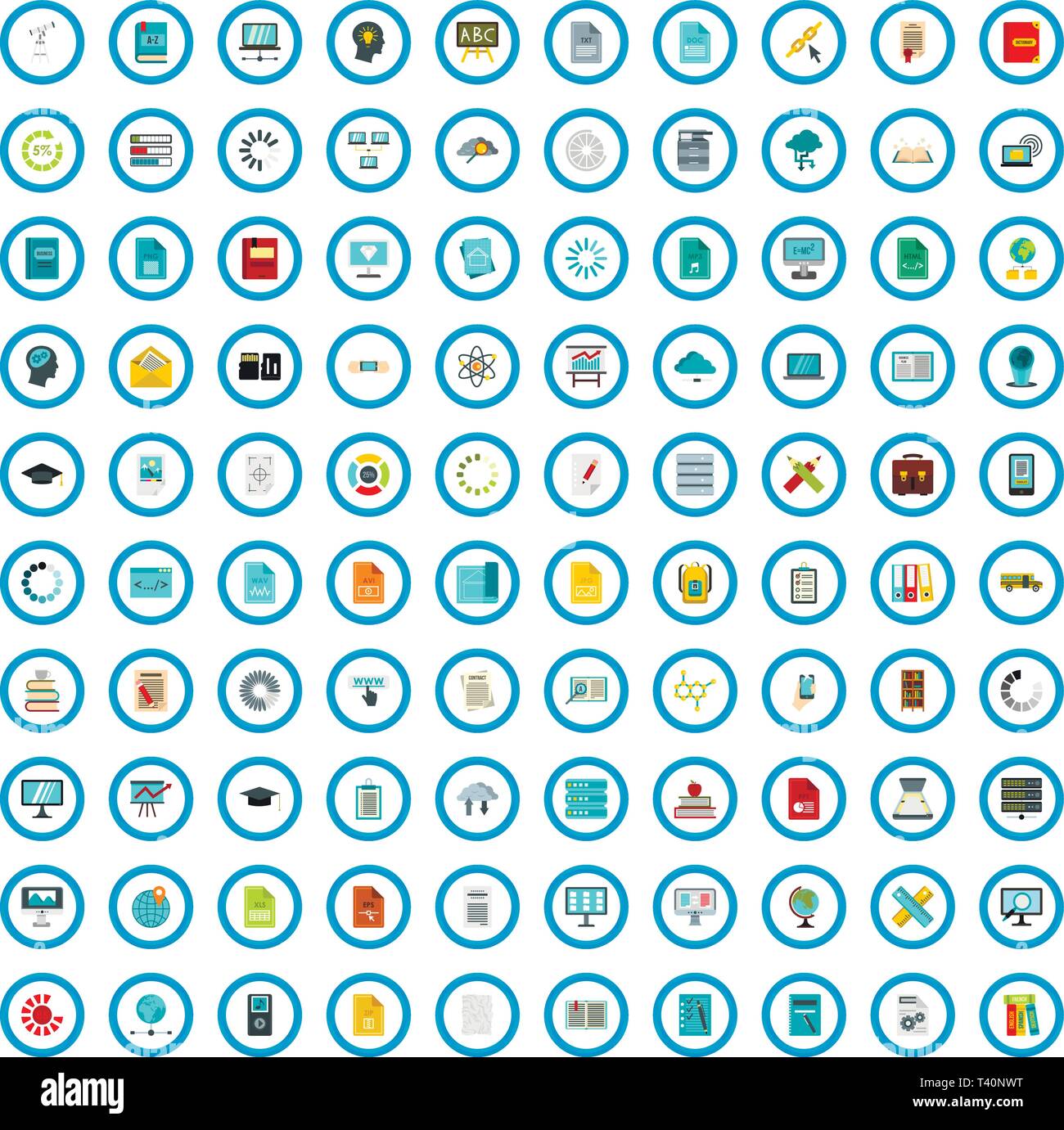 100 scholarship book icons set, flat style Stock Vector