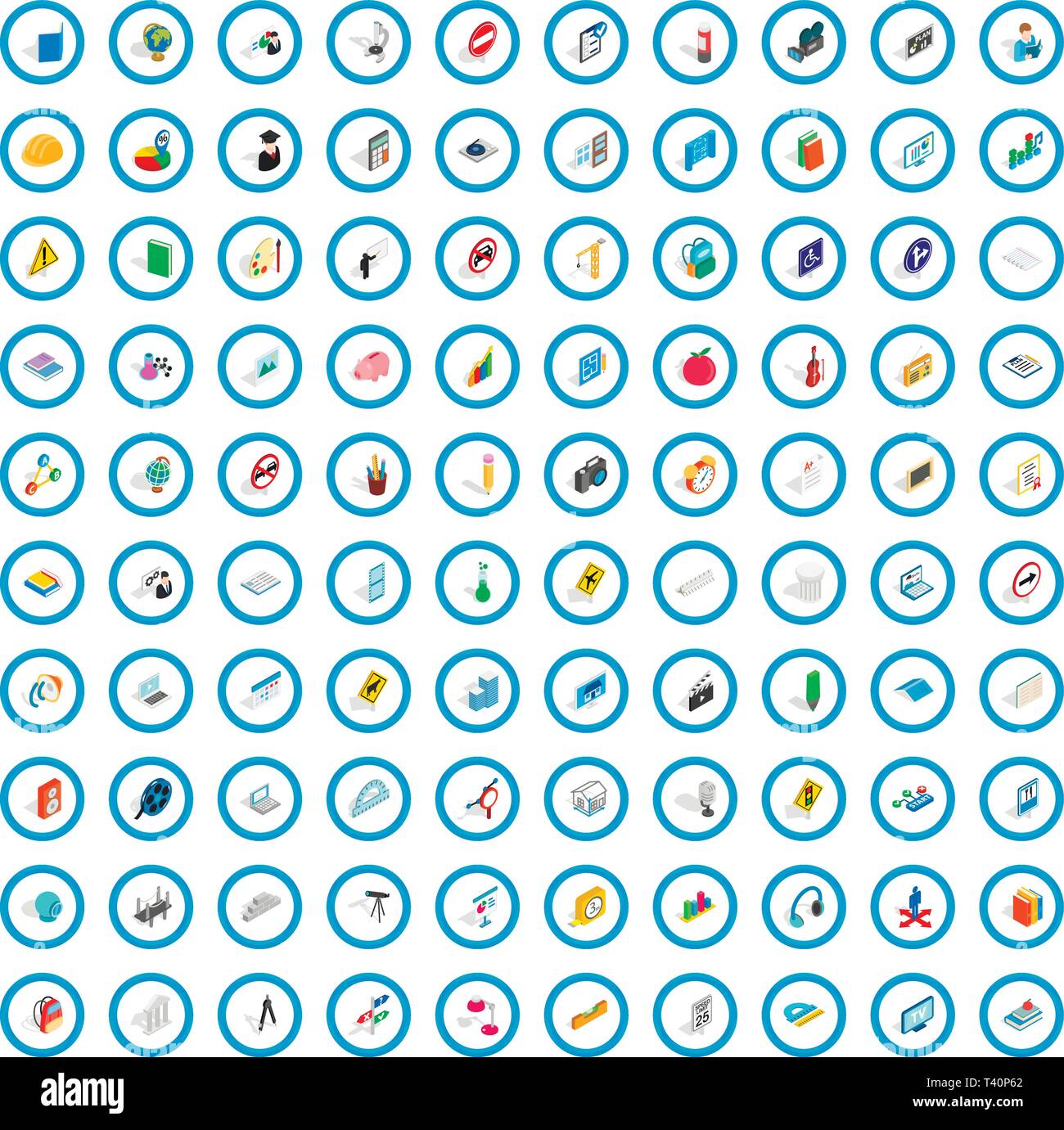 100 school icons set, isometric 3d style Stock Vector
