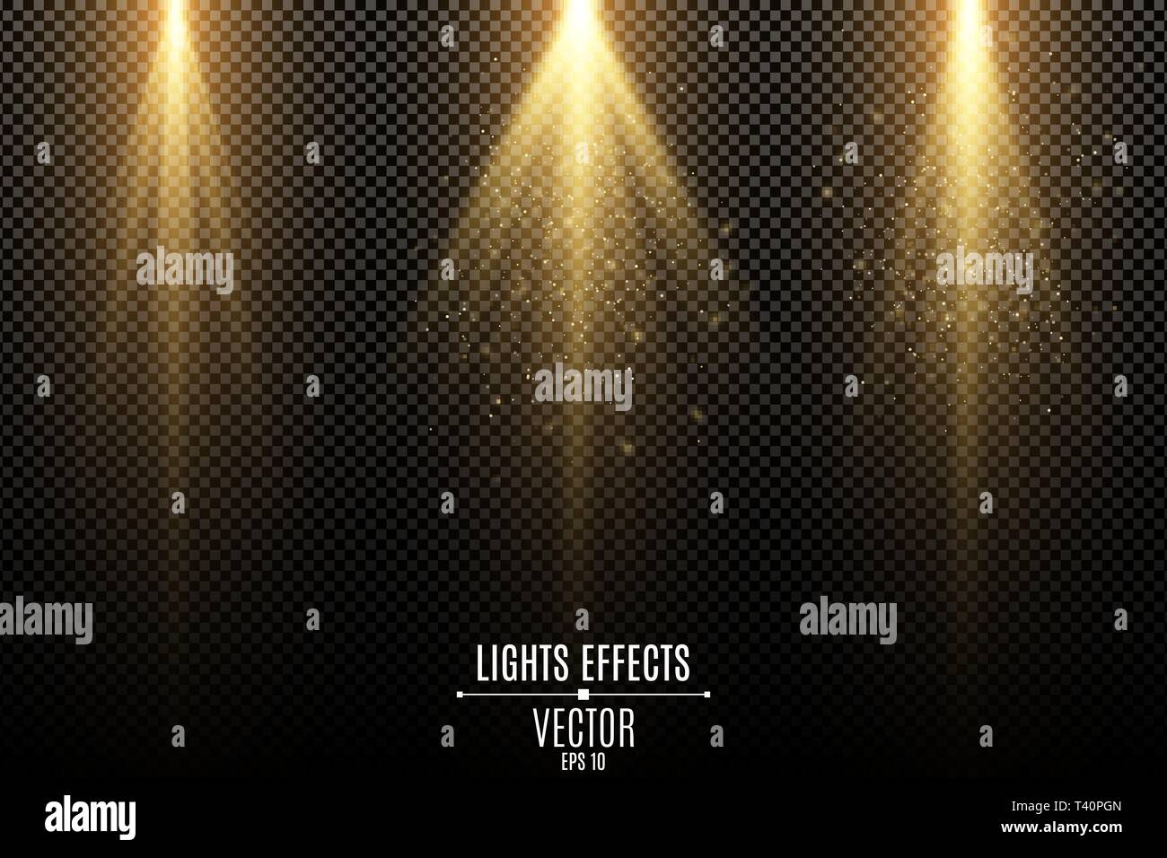 Set of golden lights effects isolated on a dark transparent background. Golden rays with flying magical dust. Lamp beams. Neon glowing. Vector illustr Stock Vector