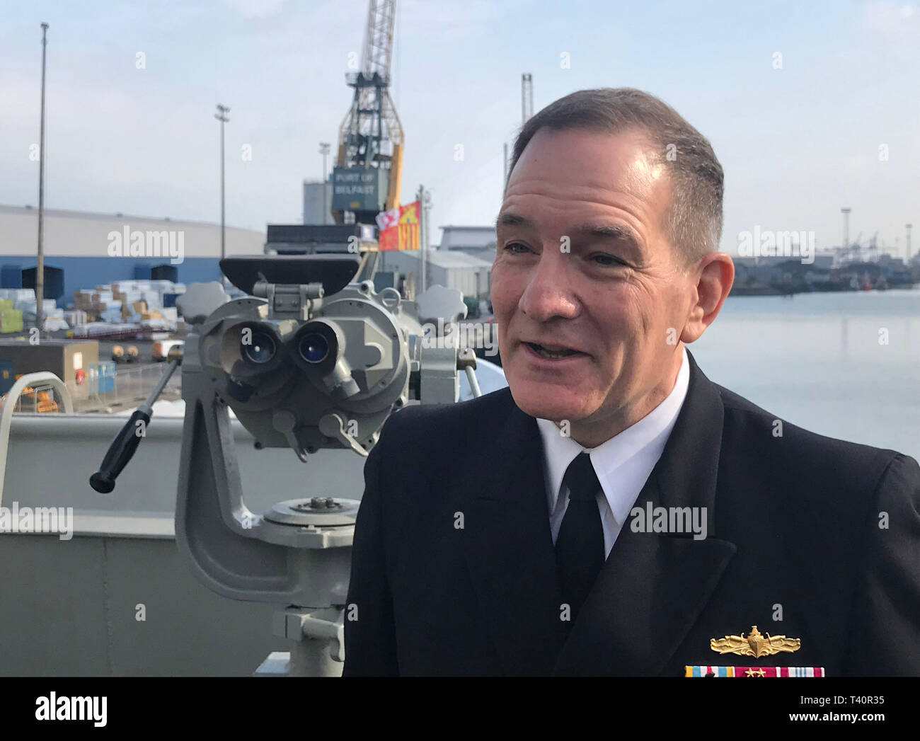 Commander Rear Admiral Standing NATO Maritime Group 1 (SNMG1) Edward Cashman of the United States Navy on board the Spanish Frigate Almirante Juan De Borbon which is docked in Belfast for the weekend after a training exercise. Stock Photo