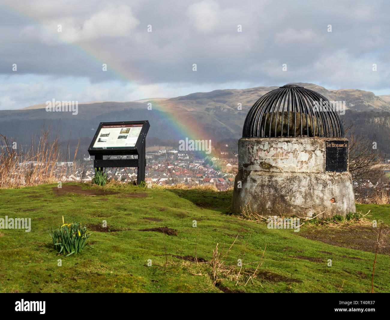 Rainbow at the Beheading Stone on Mote Hill City of Stirling Scotland Stock Photo