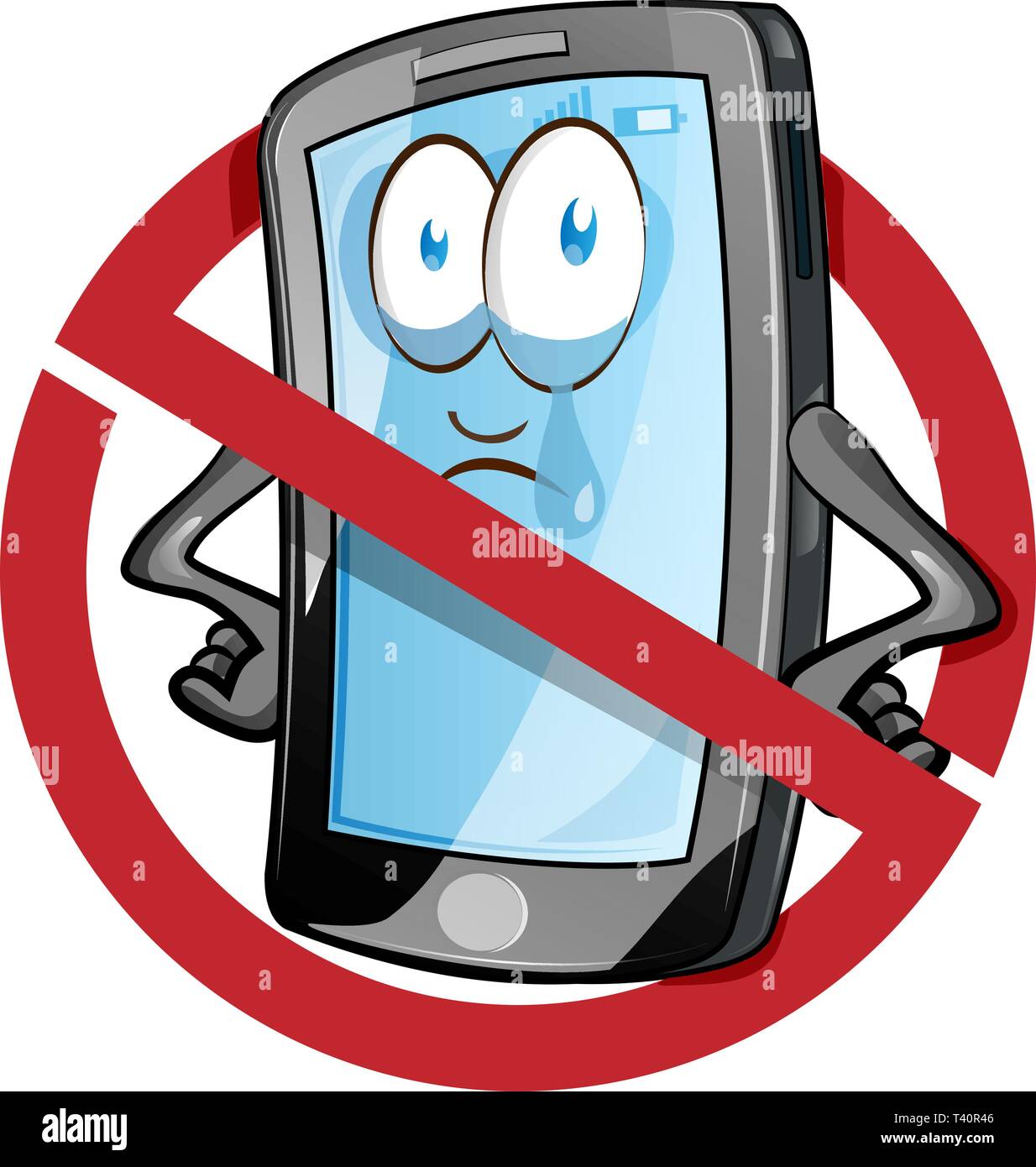 Mobile cell phone in cartoon vector style inside red banned icon. Clip Art Vector illustration Stock Vector