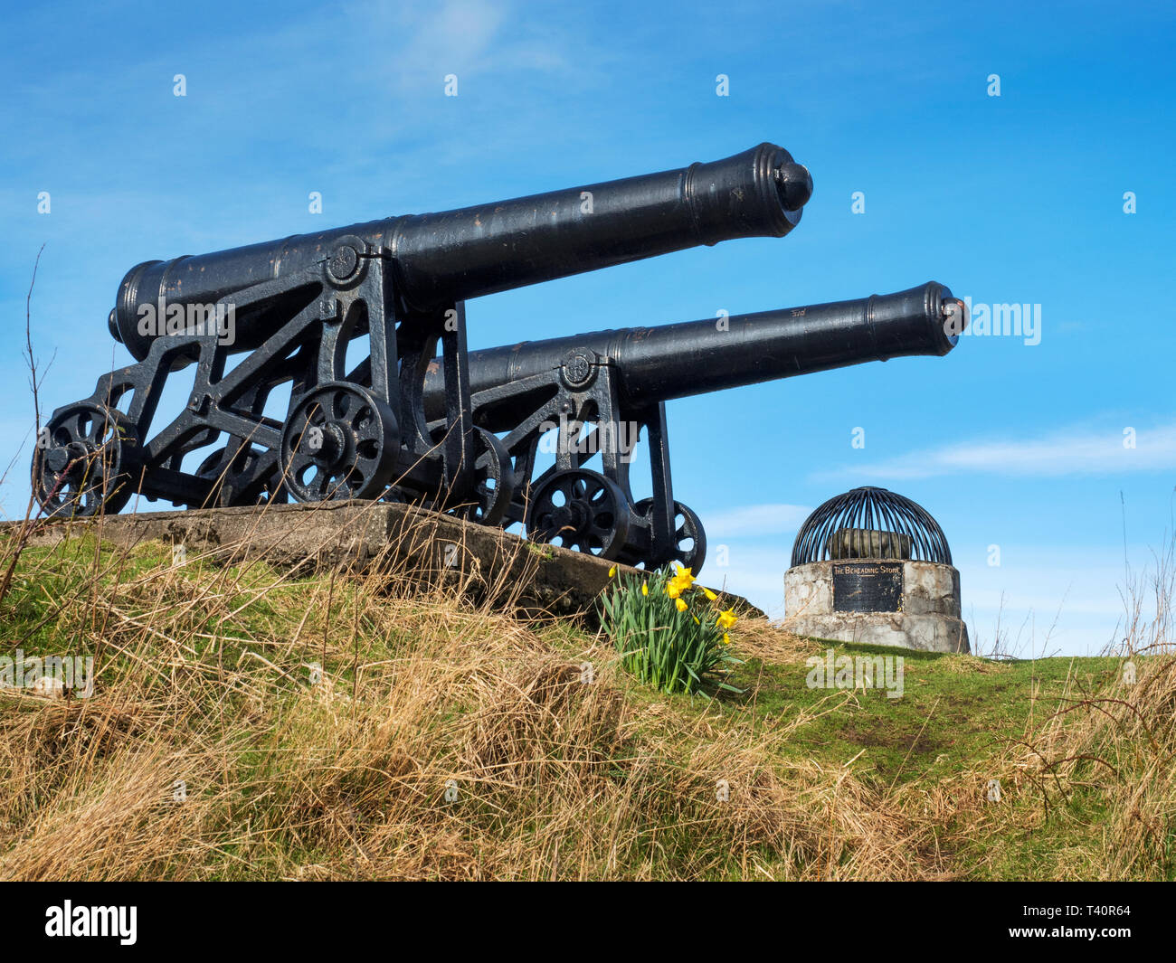 Pair of cannon by the Beheading Stone on Mote Hill City of Stirling Scotland Stock Photo