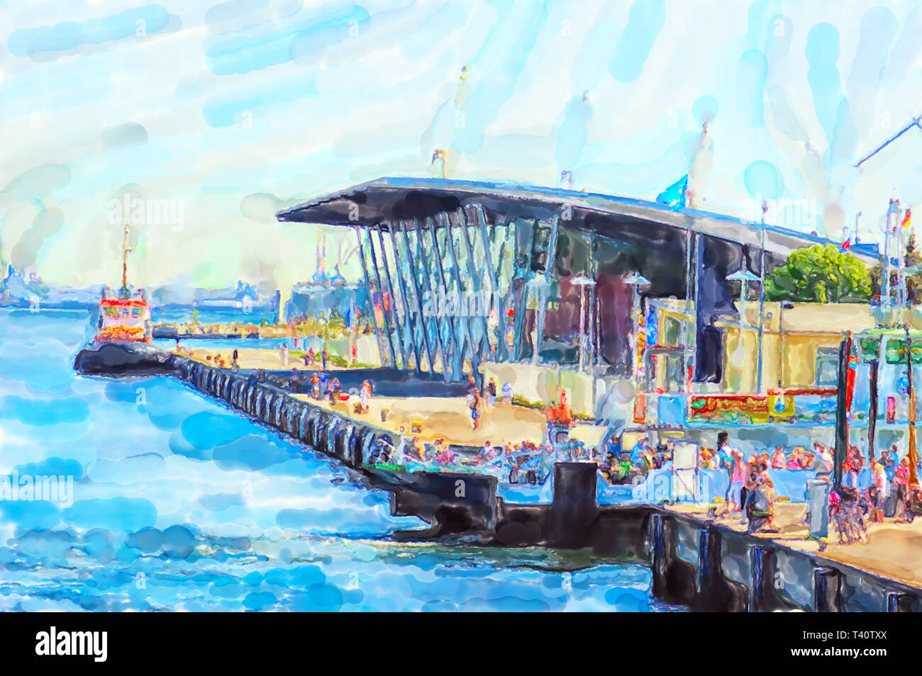 Illustration of Warnemunde at Baltic sea. Cruise ship port terminal at ...