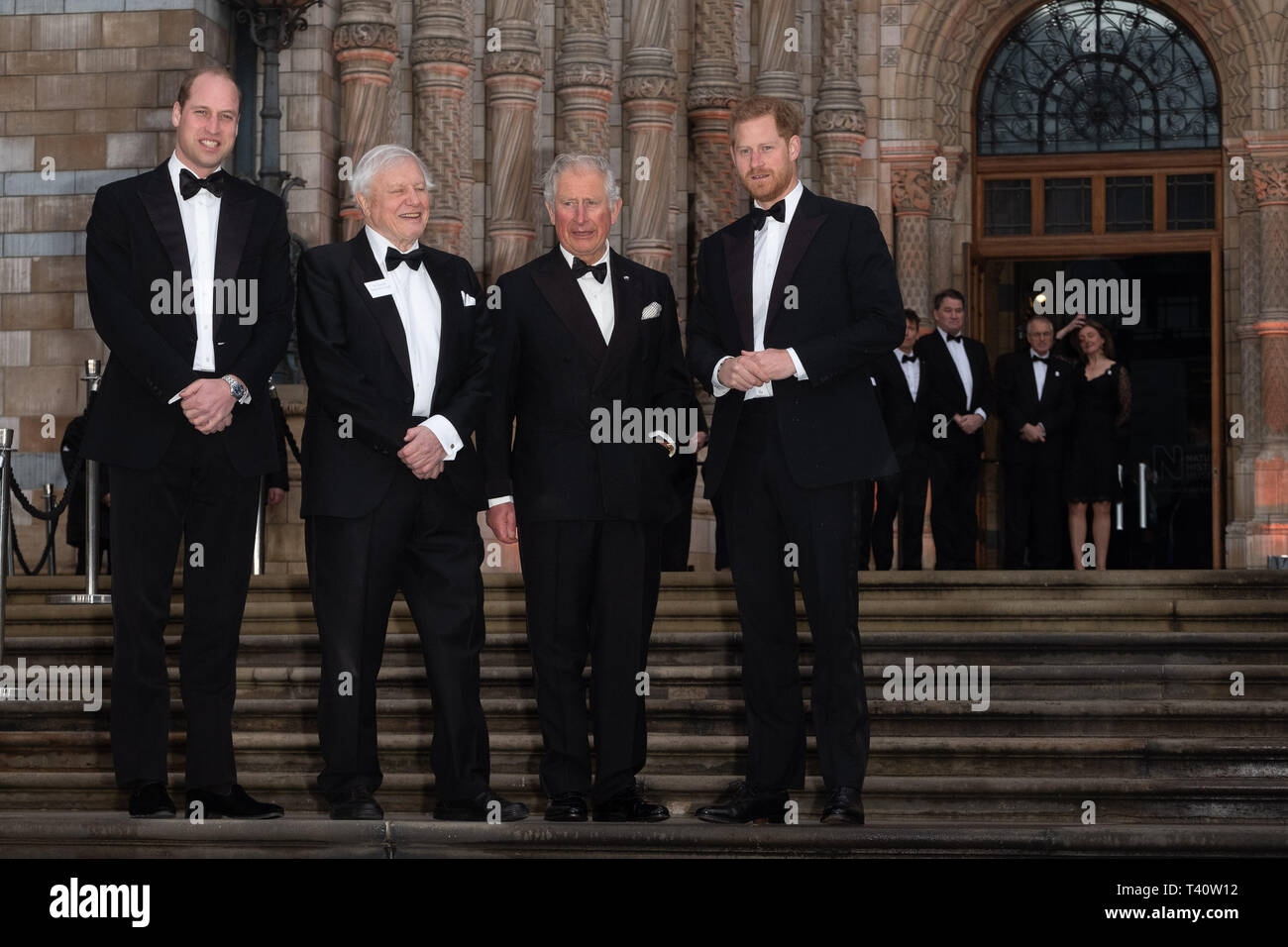 Prince Charles The Prince of Wales, Prince William of Cambridge, Harry, Prince of Sussex and Sir David Attenborough attends The global premiere of Netflix’s OUR PLANET on Friday 5 April 2019 at The Natural History Museum, London. . Picture by Julie Edwards. Stock Photo