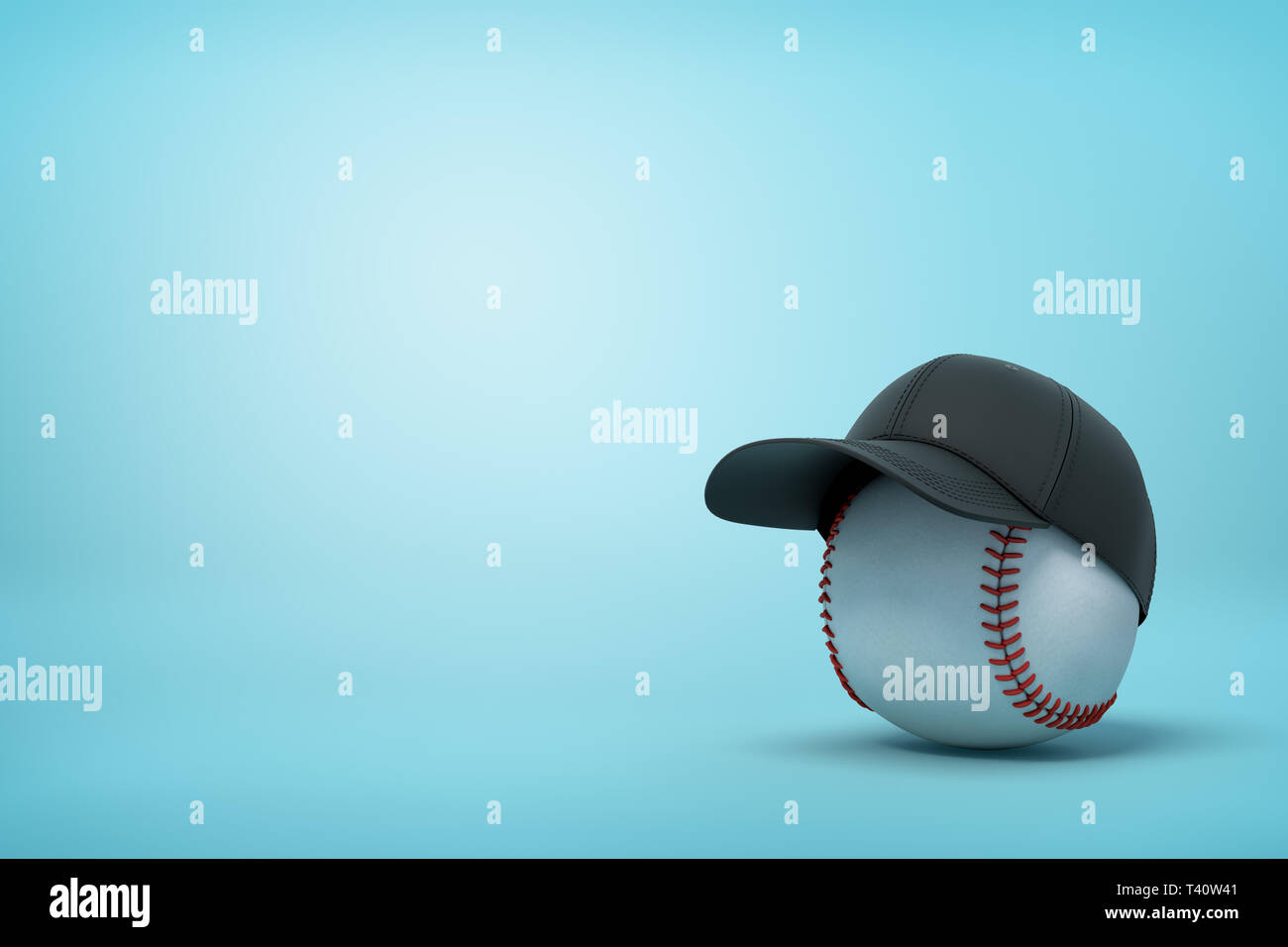 3d rendering of baseball wearing black baseball cap on the right of image with copy space on the rest of light blue background. Stock Photo