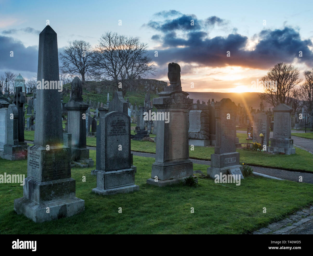 Gravestones in the Old Town Cemetery at sunset City of Stirling Scotland Stock Photo