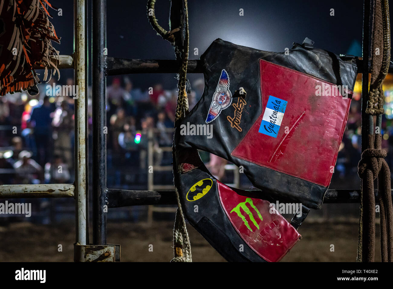 bull riding gear on gate in Guatemalan rodeo Stock Photo Alamy
