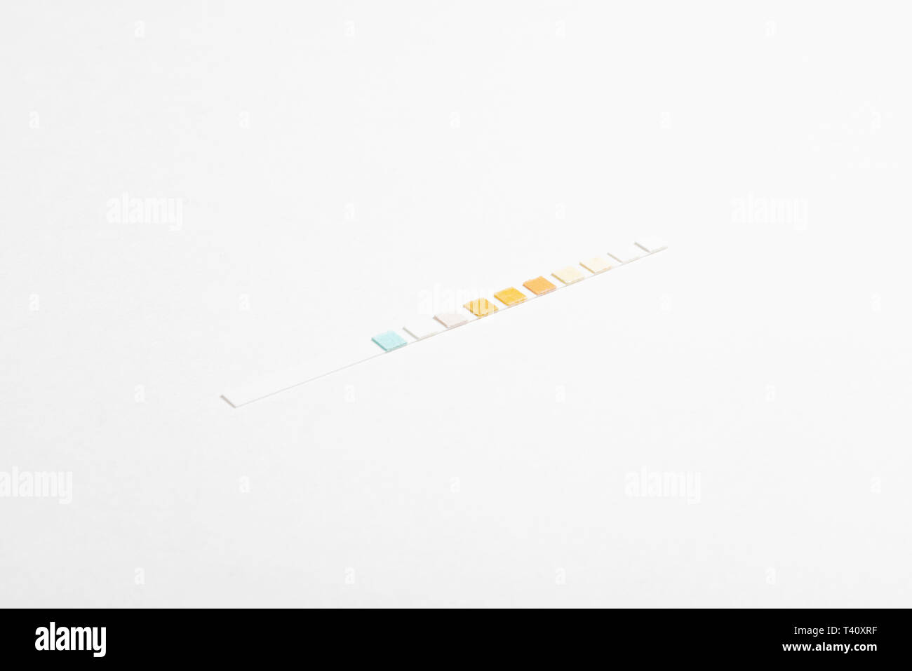 A single piece of medical grade urine reagent test strip set on a white
