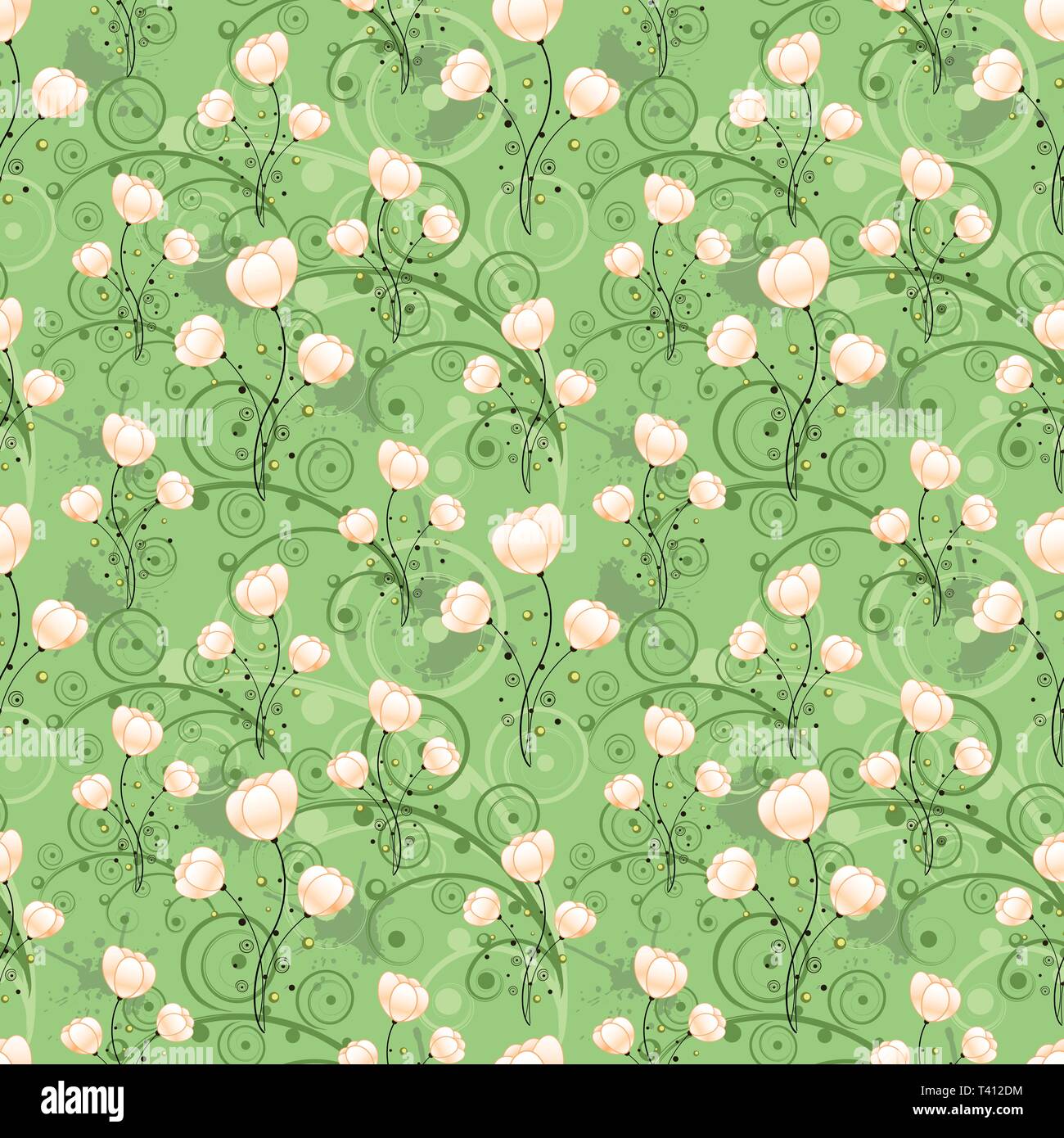 Seamless pattern with purple flowers, branches of leaves and buds Stock ...