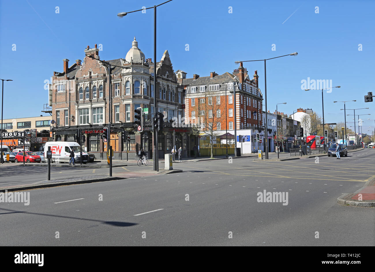 London's Old Kent Road, shows the famous former Thomas a Becket pub. now the route of a proposed extension to the Bakerloo Underground Line Stock Photo