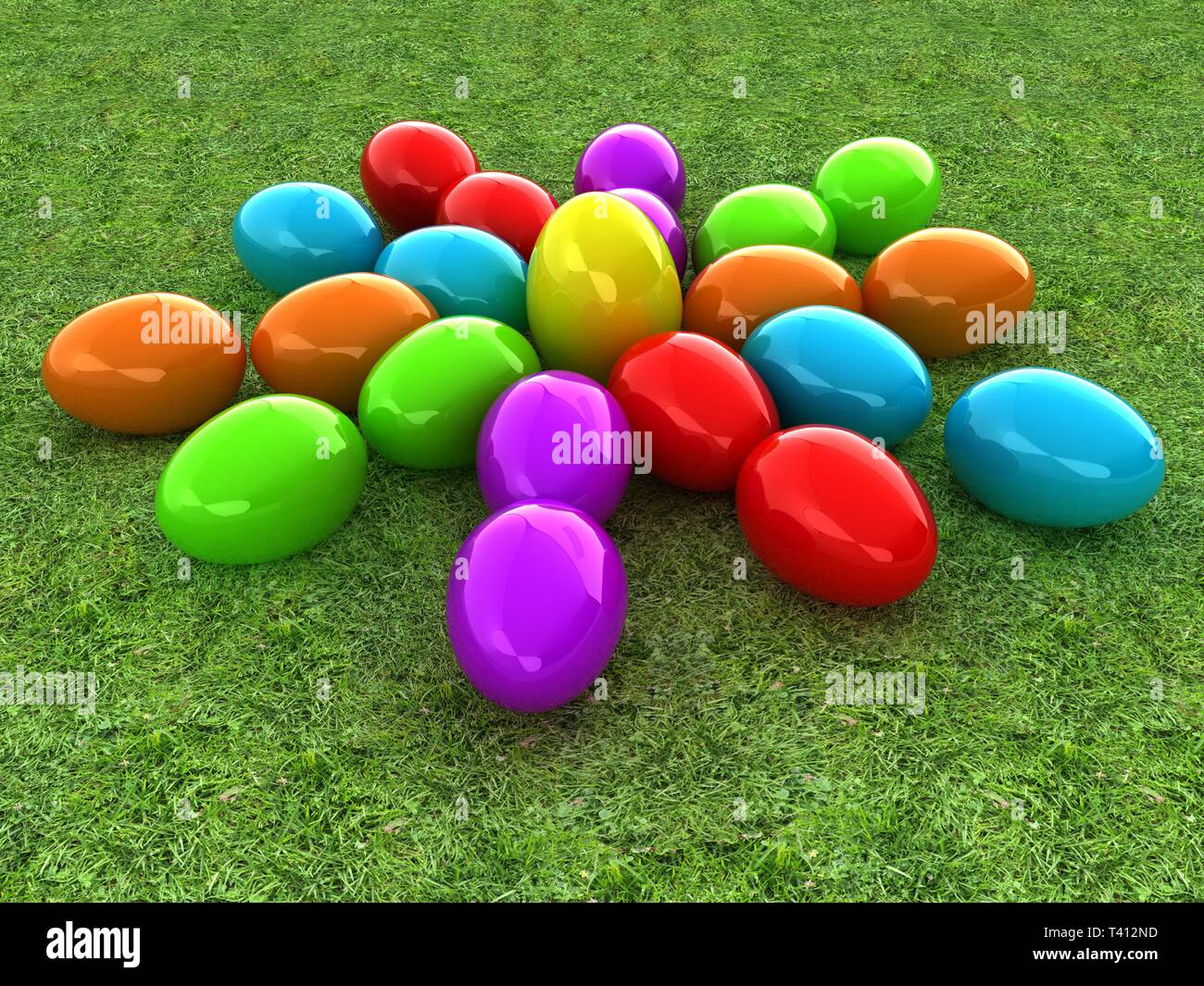 Colored Easter eggs as a flower on a green grass Stock Photo - Alamy