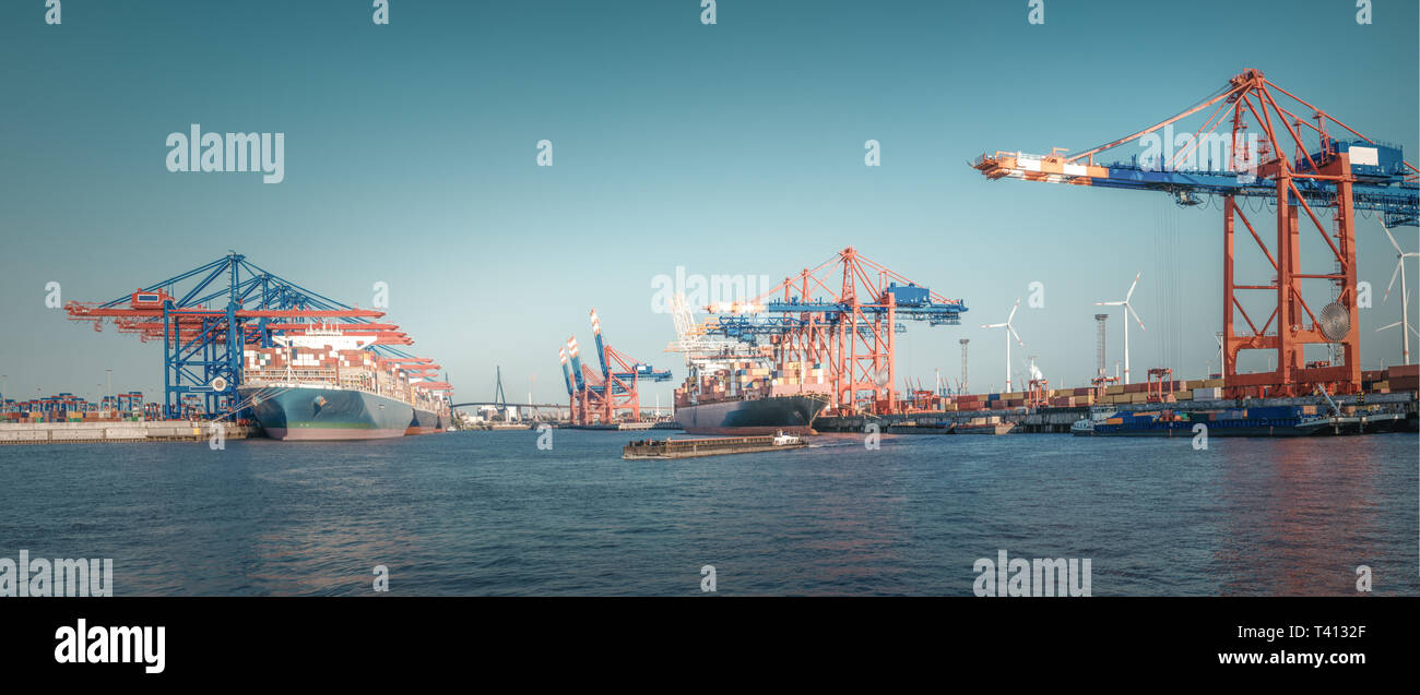 Panorama of a container terminal in the port of Hamburg Stock Photo