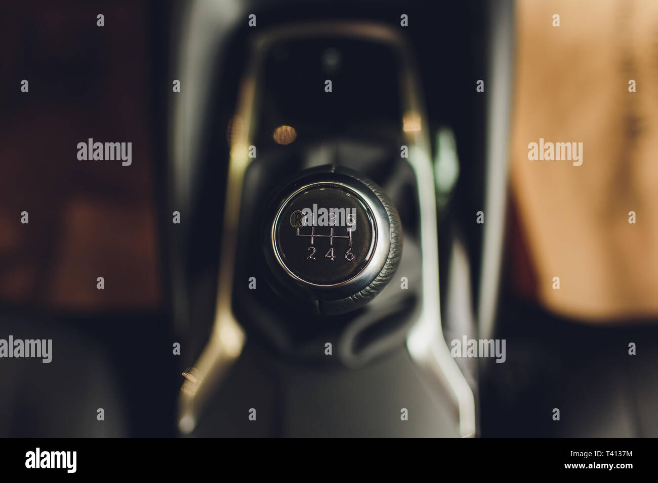 Close up view of a gear lever shift. Manual gearbox. Car interior