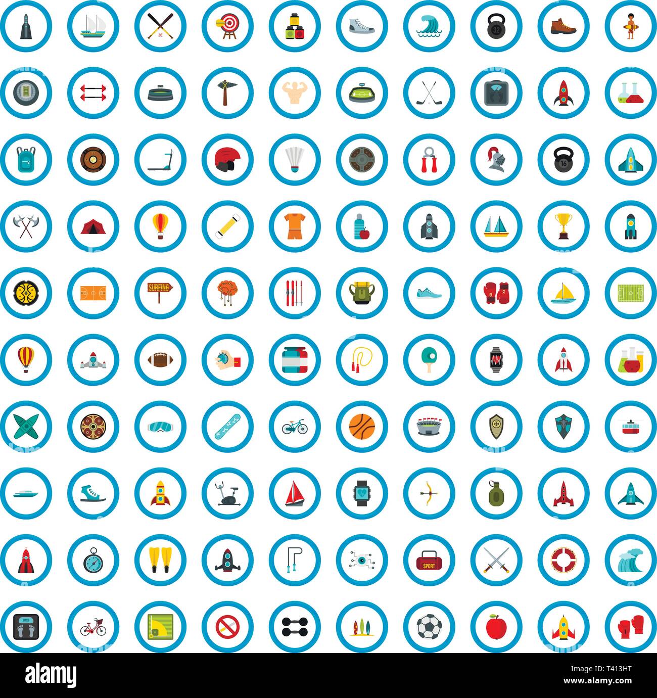 100 recreation startup icons set, flat style Stock Vector