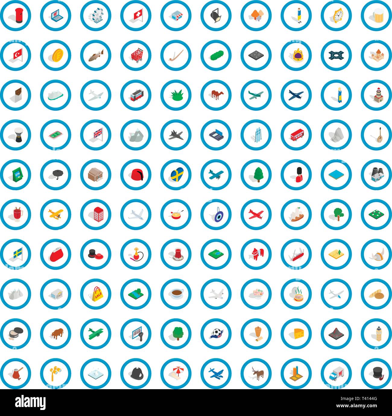 100 region icons set, isometric 3d style Stock Vector
