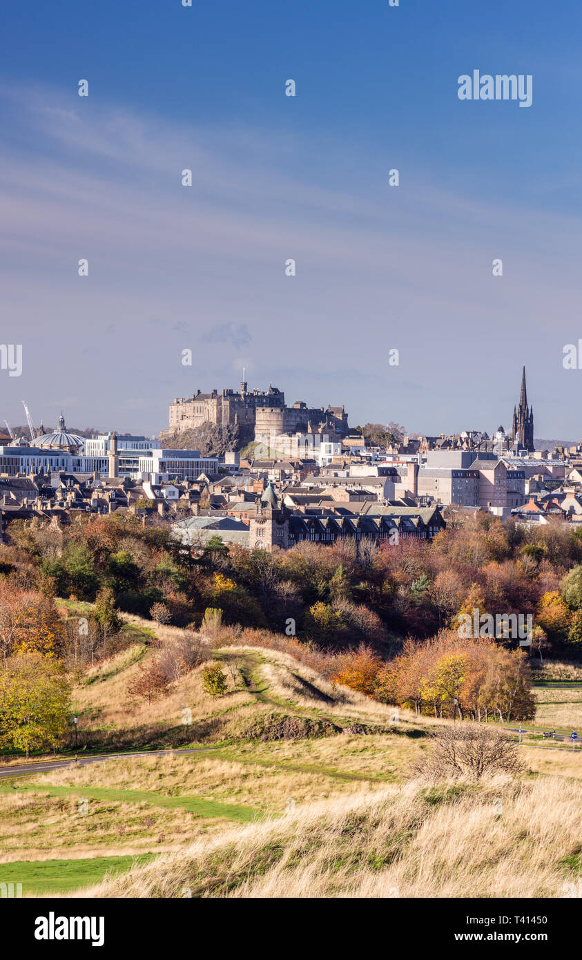 View to Edinburgh Castle from Holyrood Park, photographed in portrait aspect. Stock Photo