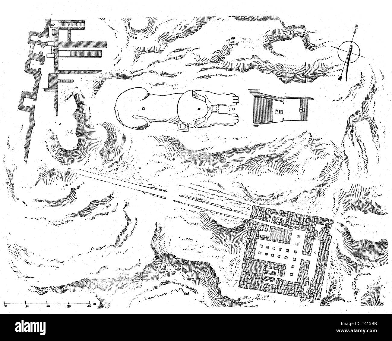 Aerial map of the Great Sphink and the two Sphinx temples at Gizah. The great Sphinx is a colossal staue in limestone of a mythical creature with the body of a lion and the head of a human Stock Photo