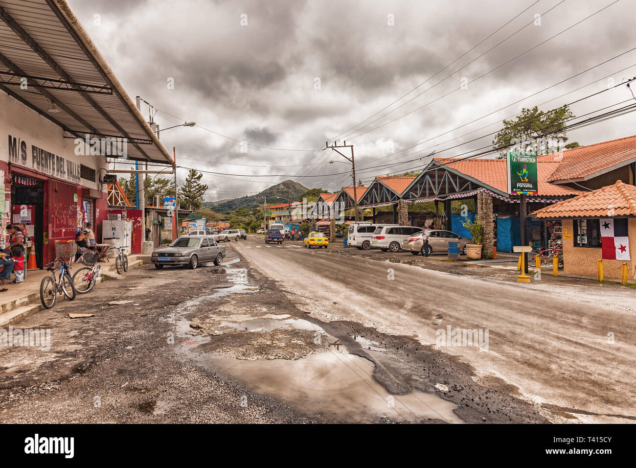 El Valle de Anton, Panama - November 24, 2016: The main street with the small market hall in El Valle de Anton a small town in the province of Panama. Stock Photo