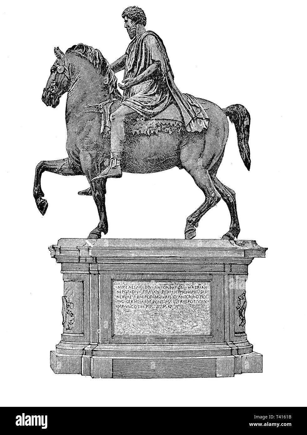 Equestrian Statue of Marcus Aurelius: ancient Roman statue (ca 175 AD) made of bronze in the Capitoline Museums in Rome. The statue was create to celebrate the victory over the Sarmatians by the emperor. Stock Photo