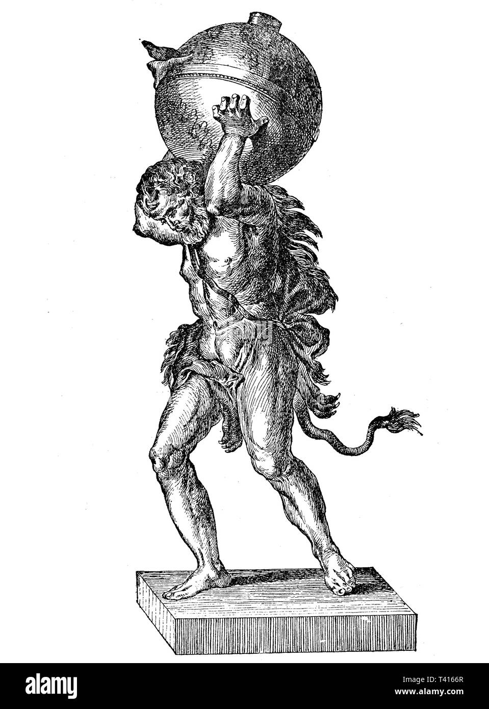 Antique Roman oil lamp: Atlas holds the sky; mythological legend Stock Photo