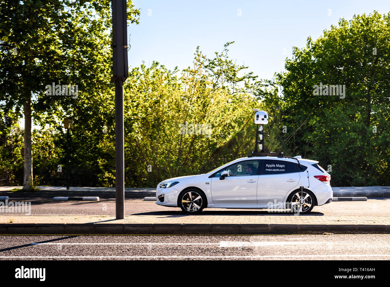 Valencia, Spain - April 9, 2019: Apple Maps car mapping roads, gathering data to use it in its own application creating 3-D map view to beat its ompet Stock Photo