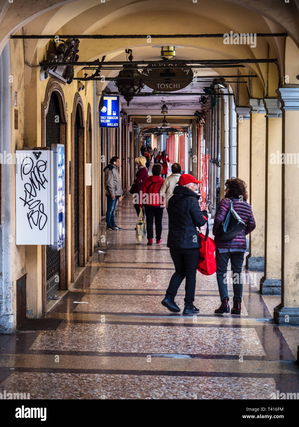 Bologna Colonnades - nearly 40km of arcades and colonnades cover the city centre of Bologna Italy. Stock Photo