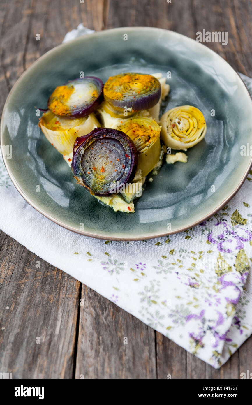 Baked leek and onions Stock Photo Alamy