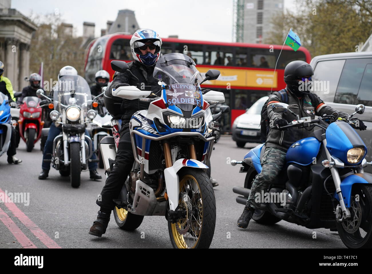 Thousands of bikers rode through London in support of Solider F who is facing prosecution for acts that took place in Northern Ireland in 1972.  The ride began at Hyde Park corner and travelled across Vauxhal Bridge along the embankment and to Parliament Square. Stock Photo