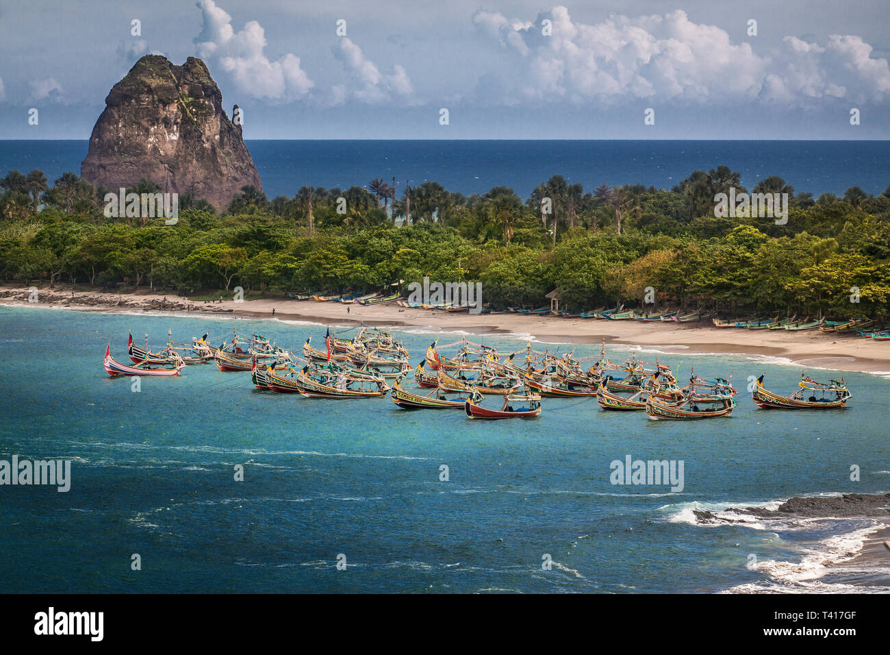 Fishing Boats anchored at the Beach, Papuma, East Java, Indonesia Stock Photo