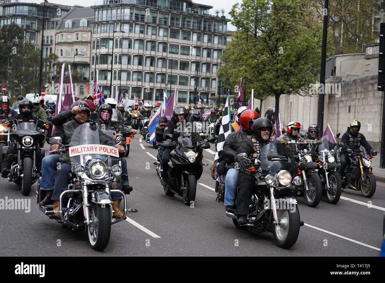 Thousands of bikers rode through London in support of Solider F who is facing prosecution for acts that took place in Northern Ireland in 1972.  The ride began at Hyde Park corner and travelled across Vauxhal Bridge along the embankment and to Parliament Square. Stock Photo