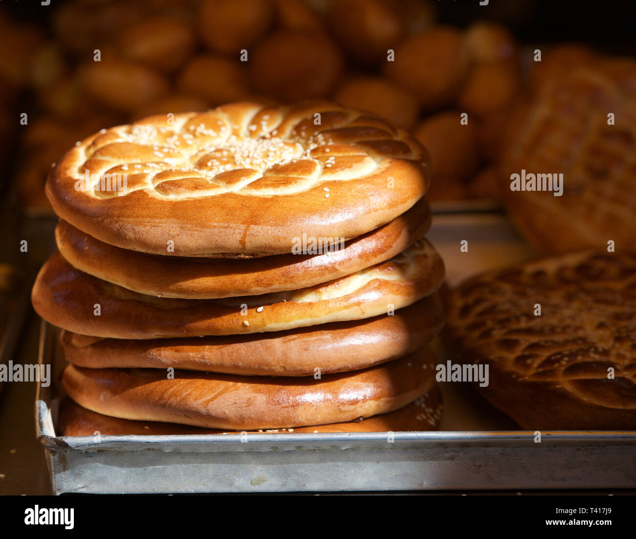 Stack of bread at a market, Kashan, Iran Stock Photo