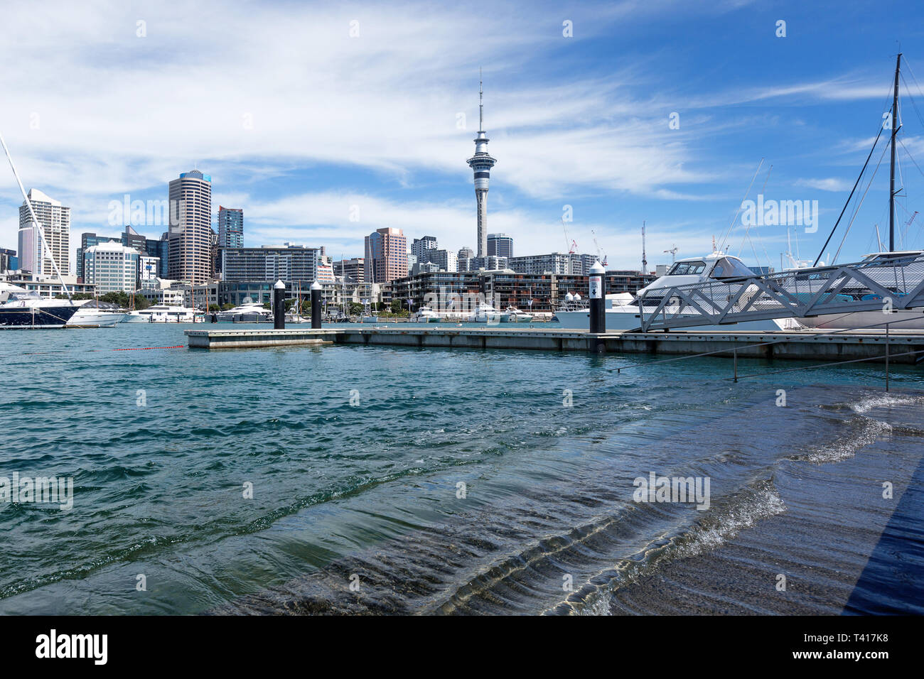 Sky Tower and Viaduct Marina, Auckland, North Island, New Zealand Stock Photo