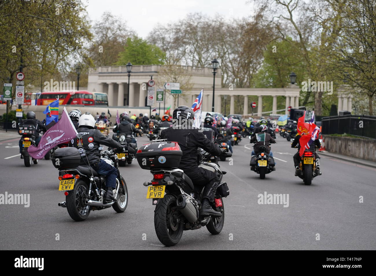 Thousands of bikers rode through London in support of Solider F who is facing prosecution for acts that took place in Northern Ireland in 1972.  The ride began at Hyde Park corner and travelled across Vauxhal Bridge along the embankment and to Parliament Square. Stock Photo