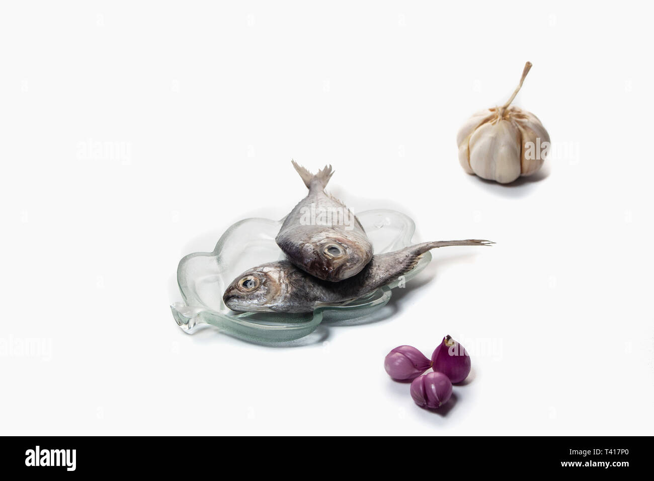 Two fish on a pate with garlic and shallots Stock Photo