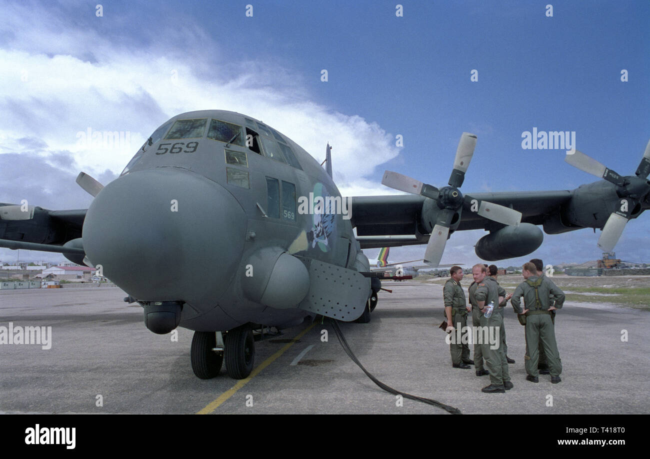 30th October 1993 USAF Lockheed AC-130H Spectre Gunship 'Fatal Attraction' at Mogadishu Airport, Somalia. Stock Photo