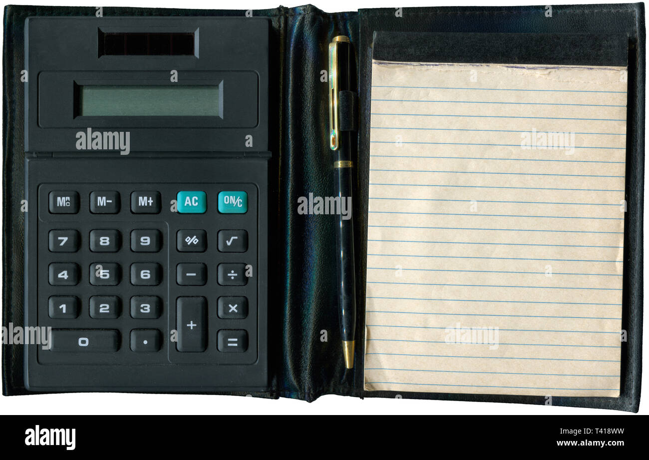 Calculator with notepad and pen Stock Photo - Alamy