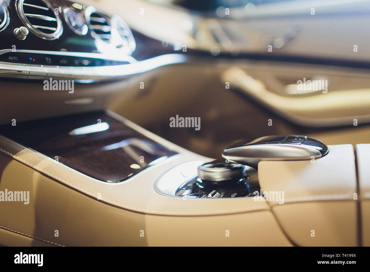 Automatic transmission gear stick of a modern car, car interior details