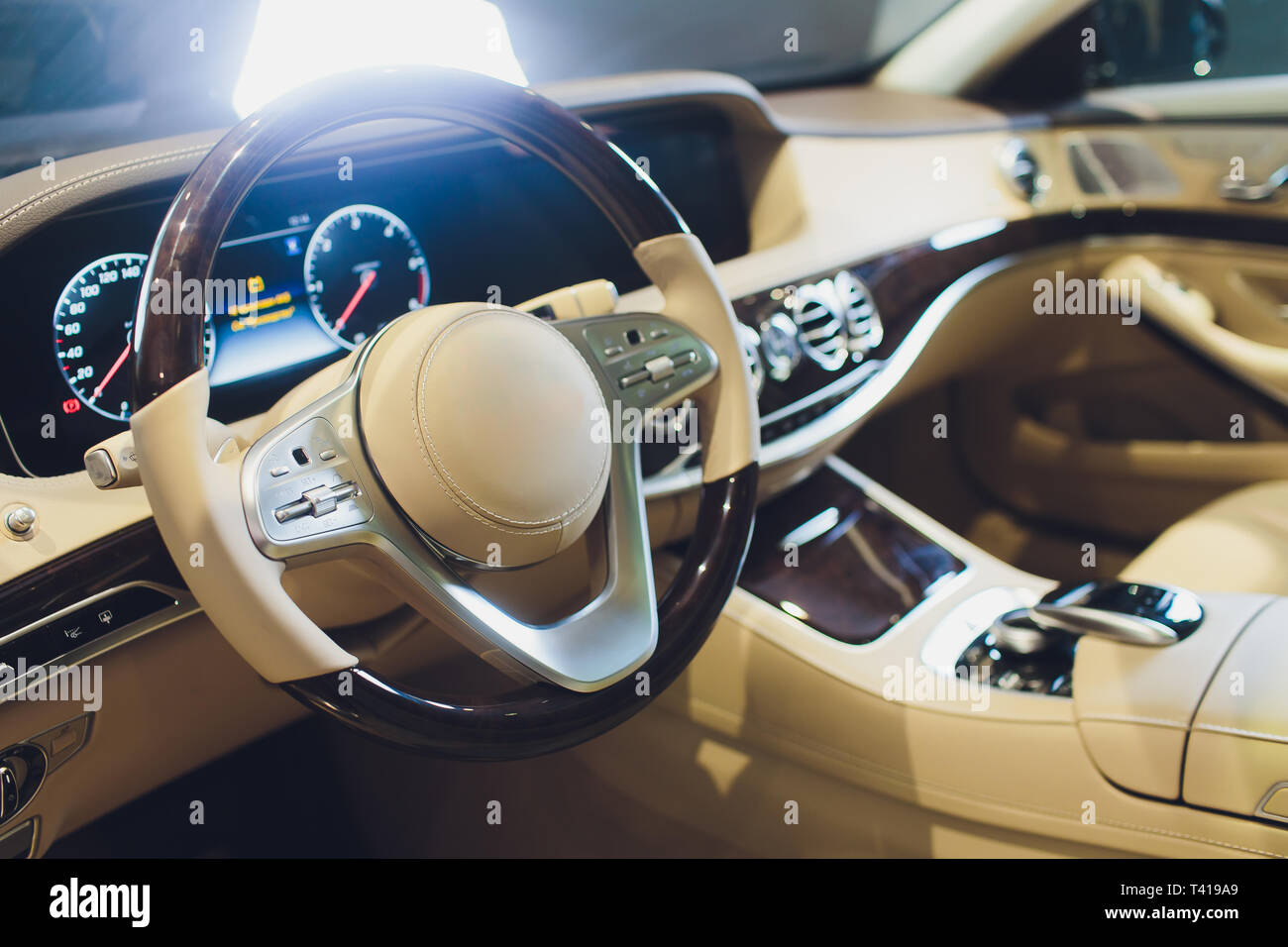 White leather interior of the luxury modern car. Leather comfortable