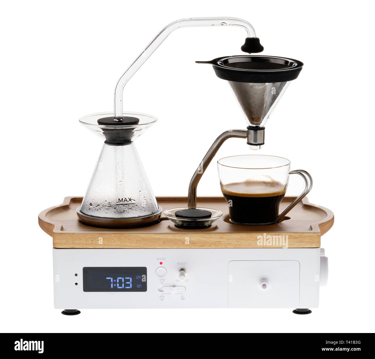 Barisieur Coffee Alarm Clock. Makes fresh coffee at a preset time and provides milk in mini cooler. Bedside or kitchen appliance. Stock Photo