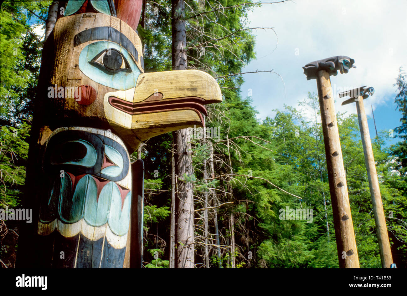 Alaska,Northwest,North,49th State,Alaskan,Arctic,The Last Frontier,Ketchikan Totem Bight State historic Park,public land,recreation,Raven At Head Of N Stock Photo