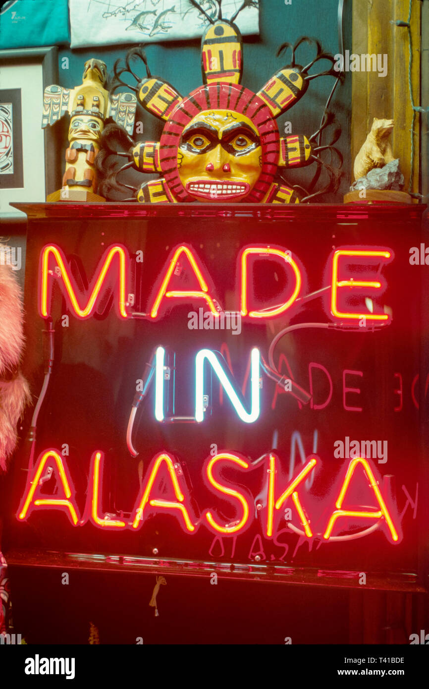 Alaska Alaskan Juneau South Franklin Street Made In Alaska neon sign,Tlingit Native American Indian indigenous peoples crafts sale display, Stock Photo