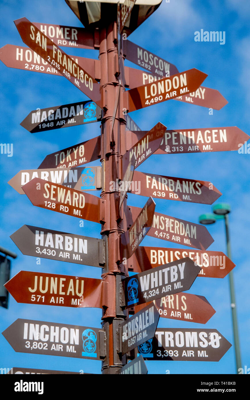 Alaska Alaskan Anchorage direction directional signs,distances distance world cities, Stock Photo